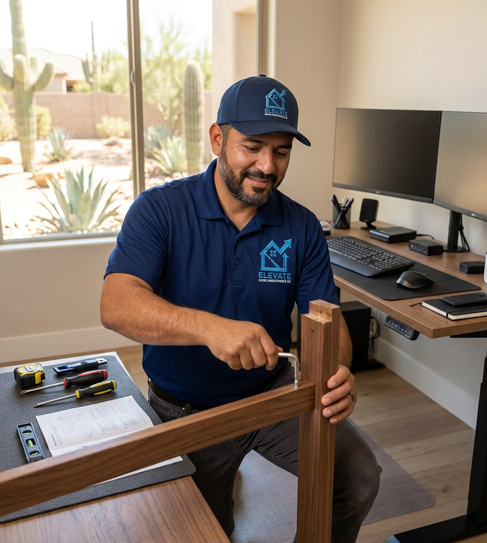 Elevate Home Maintenance AZ handyman assembling standing desk in Peoria Arizona home office