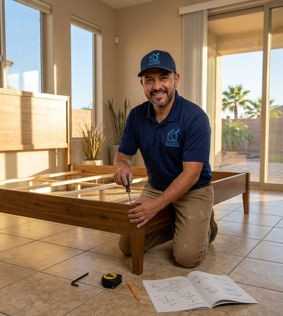 Elevate Home Maintenance AZ handyman assembling bed frame in Buckeye Arizona bedroom