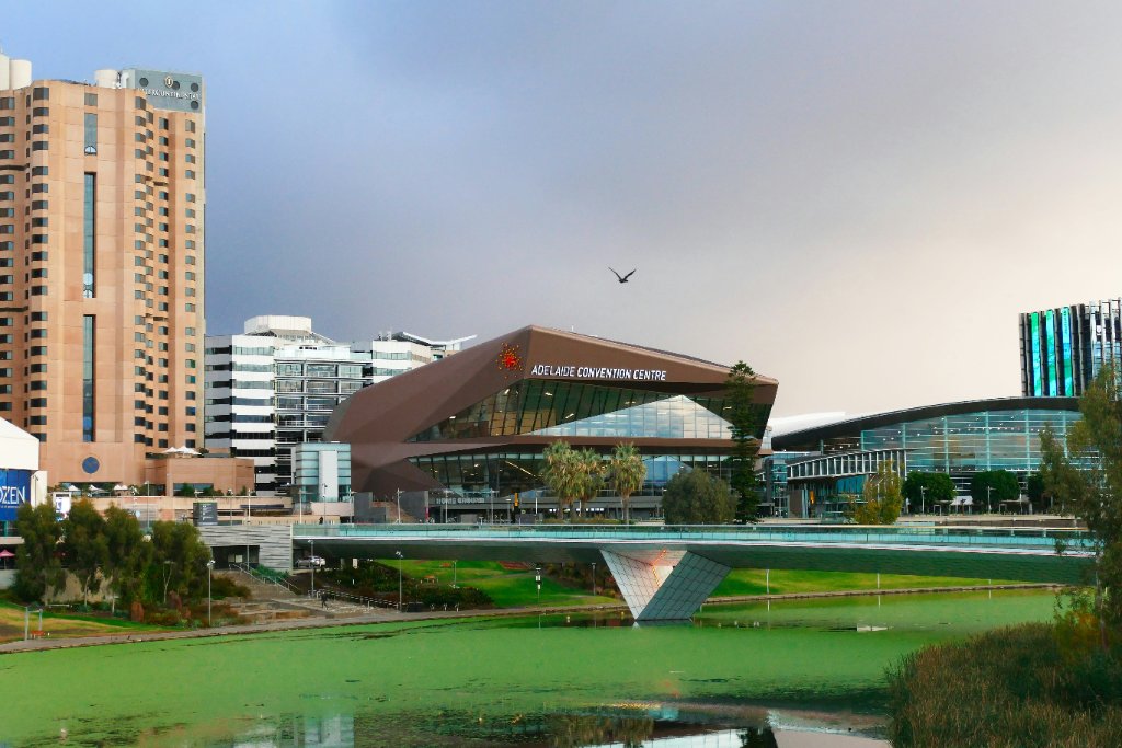 Adelaide Convention Centre and city skyline with River Torrens — central Adelaide Airbnb location requiring AS 3745-2010 compliant evacuation diagrams for short-term rentals