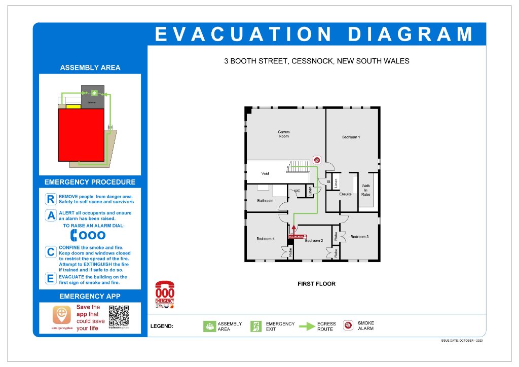 Wamberal NSW AS 3745 compliant evacuation diagram for 45 Blue Bell Drive showing first floor with 4 bedrooms, ensuite, study nook, emergency exits and assembly area for Airbnb compliance