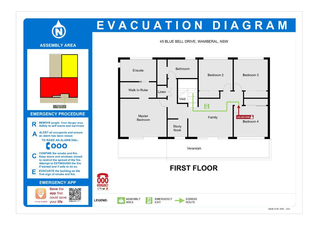 Alternative AS 3745 evacuation diagram for 45 Blue Bell Drive Wamberal NSW showing reversed first floor perspective with emergency exits, fire equipment, RACE procedure and assembly point for STRA accommodation