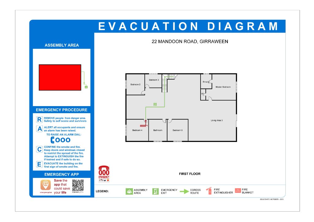 Casuarina NSW AS 3745 evacuation diagram for unit 26/685 Casuarina Way showing apartment layout with marked emergency exits, assembly point, fire extinguisher and blanket locations for STRA compliance