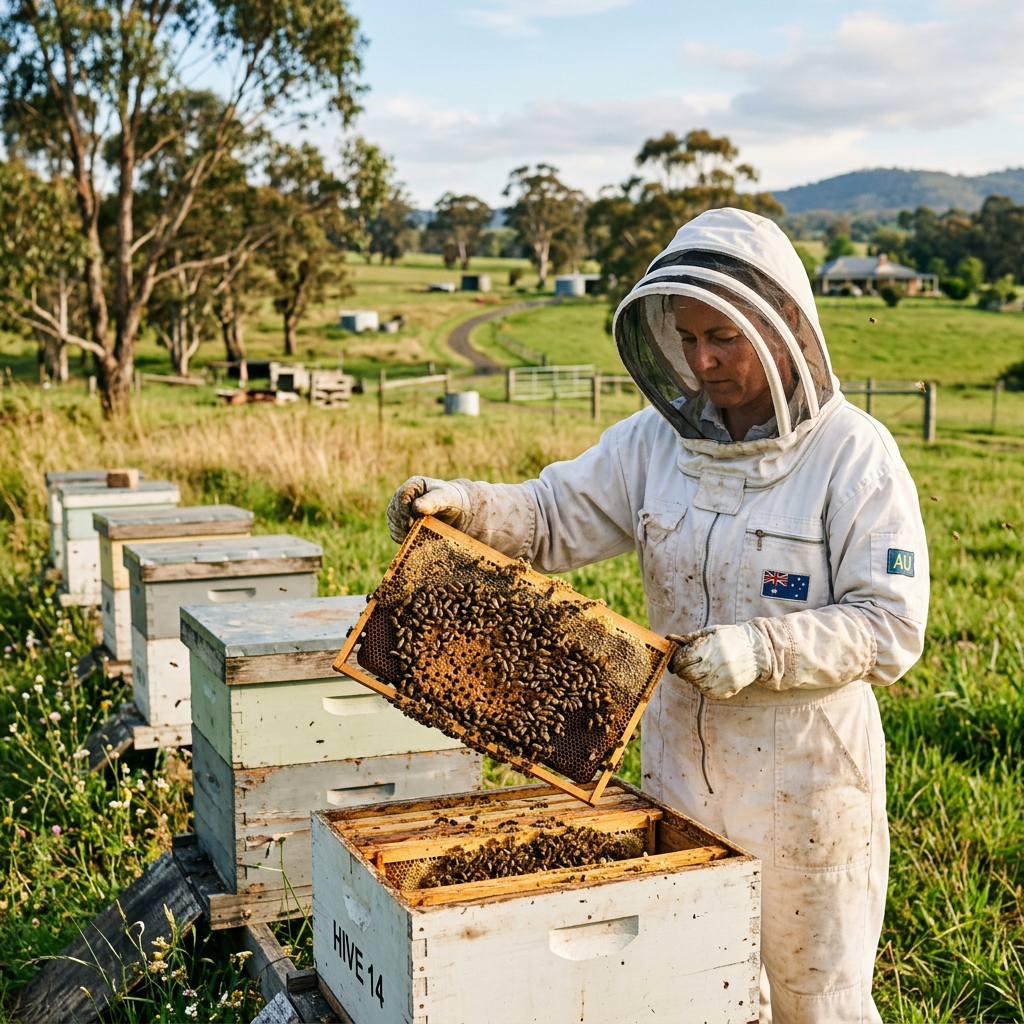 Beekeeper inspecting hive frames