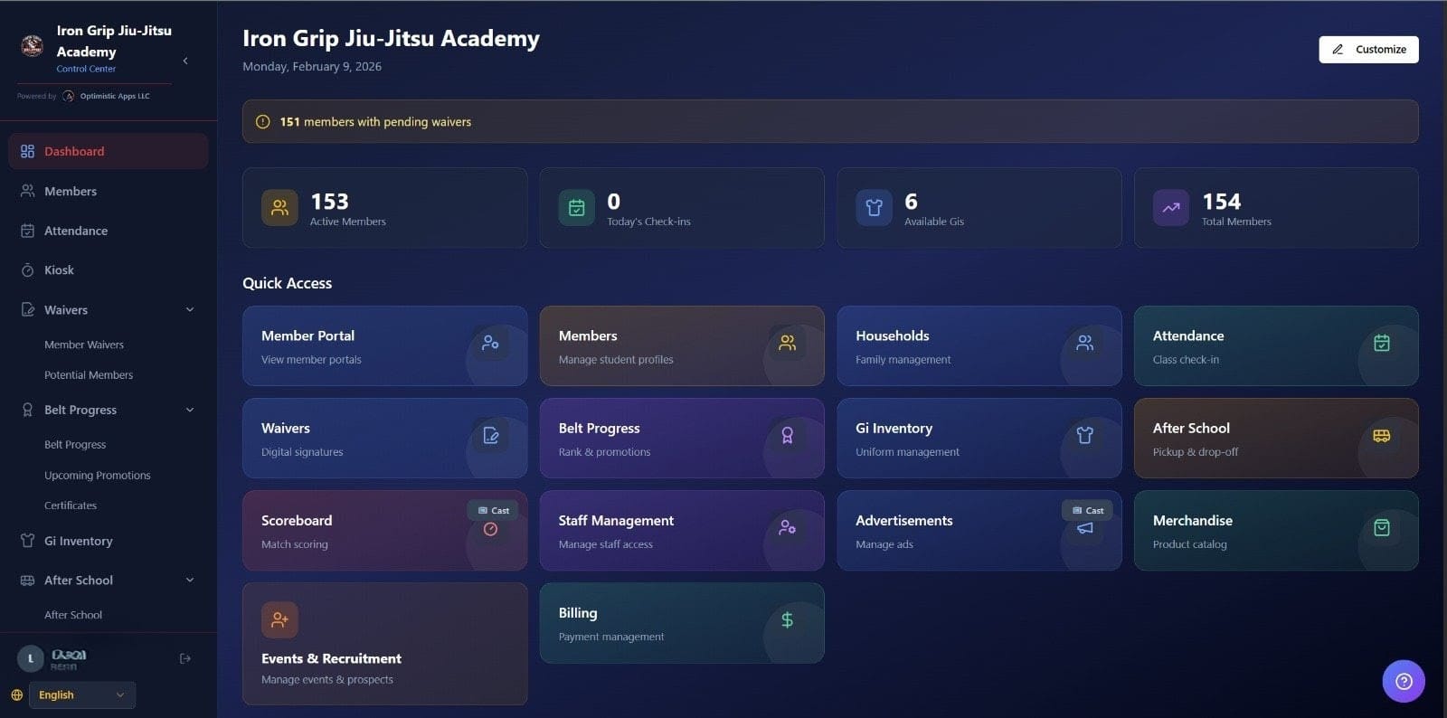 Martial Arts Management System template preview
