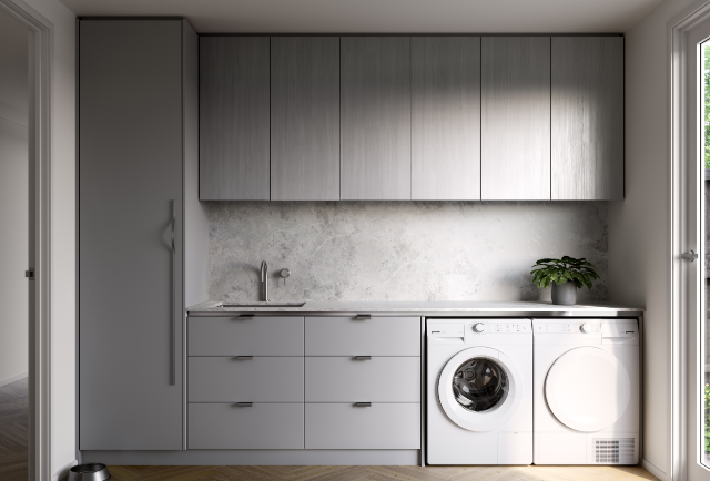 Renovated laundry with Laminex Tornado PureGrain cabinetry and brushed stainless steel finishes in Melbourne