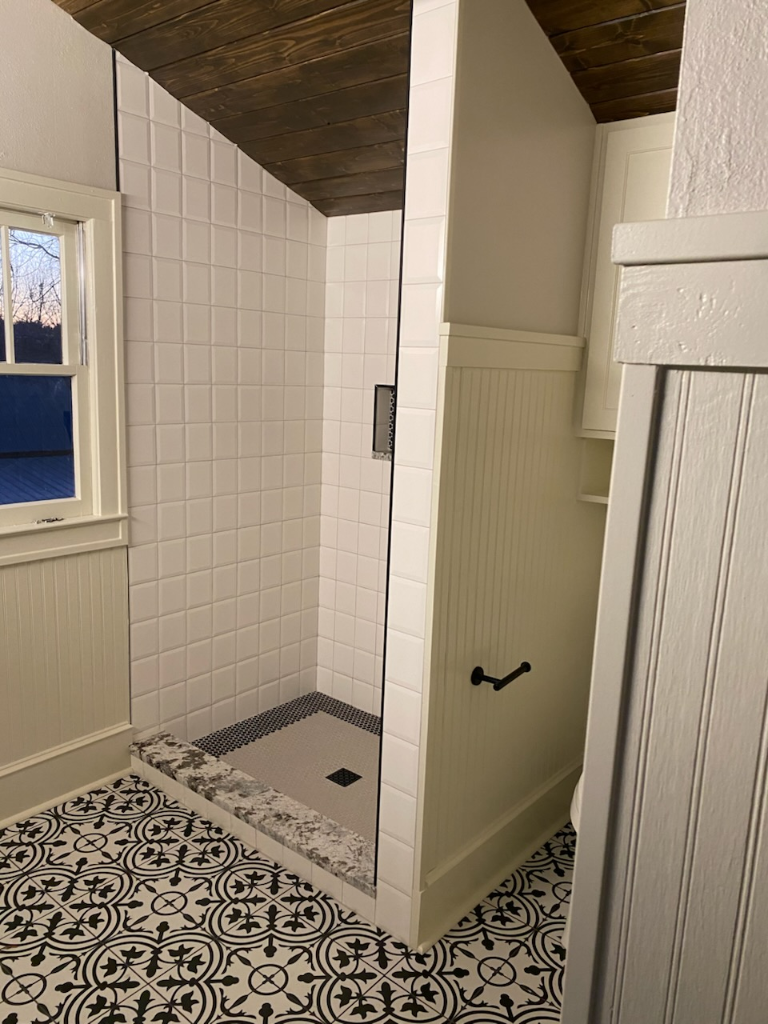 Farmhouse Shower with Patterned Floor
