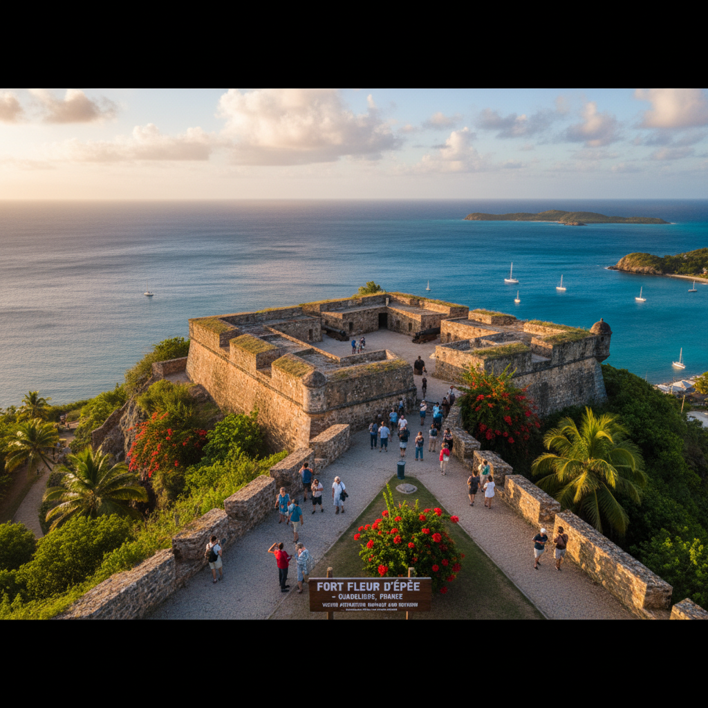 Aerial view of Fort Fleur d'Épée with visitors, surrounded by lush greenery and a serene blue ocean.