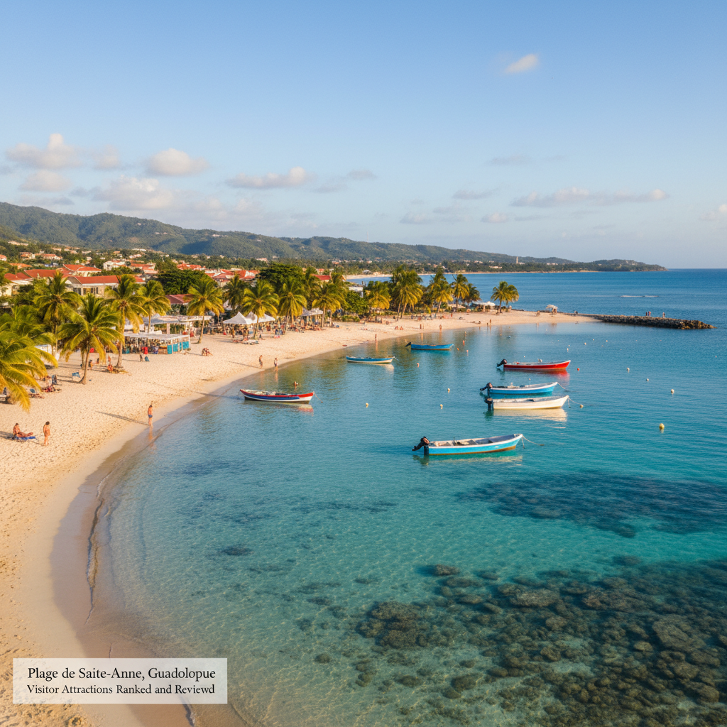 Scenic view of Plage de Sainte-Anne, featuring calm waters, palm trees, sandy beach, and colorful boats.
