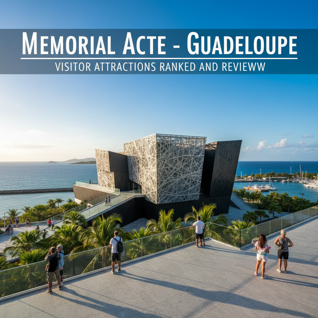 View of Memorial ACTe in Guadeloupe, showcasing modern architecture, palm trees, and a scenic waterfront.