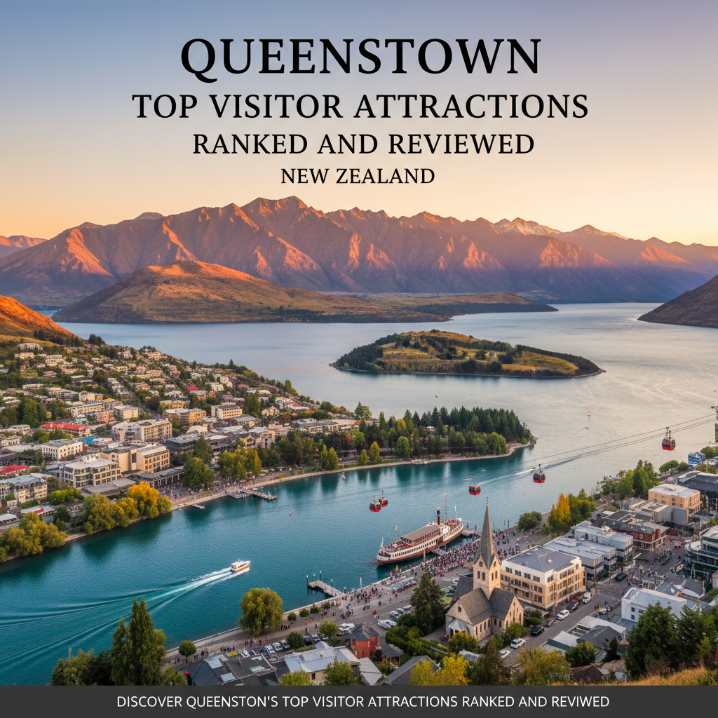 Stunning view of Queenstown with mountains and lake, showcasing top attractions.