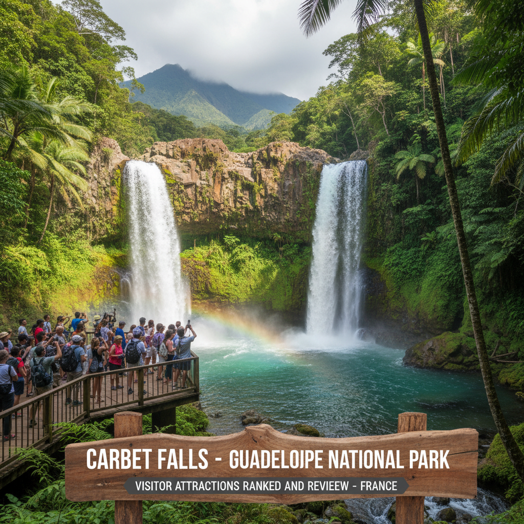 Scenic view of Carbet Falls with lush greenery, two waterfalls, and visitors on a wooden viewing platform.