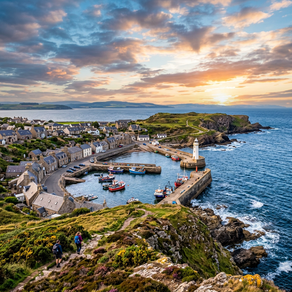Scenic view of Burghead harbor with colorful boats and coastal cliffs