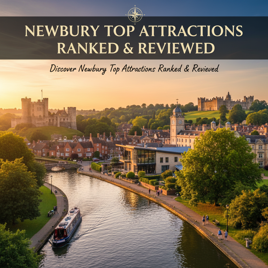 Aerial view of Newbury with attractions, river, and historic buildings, under a sunset sky.