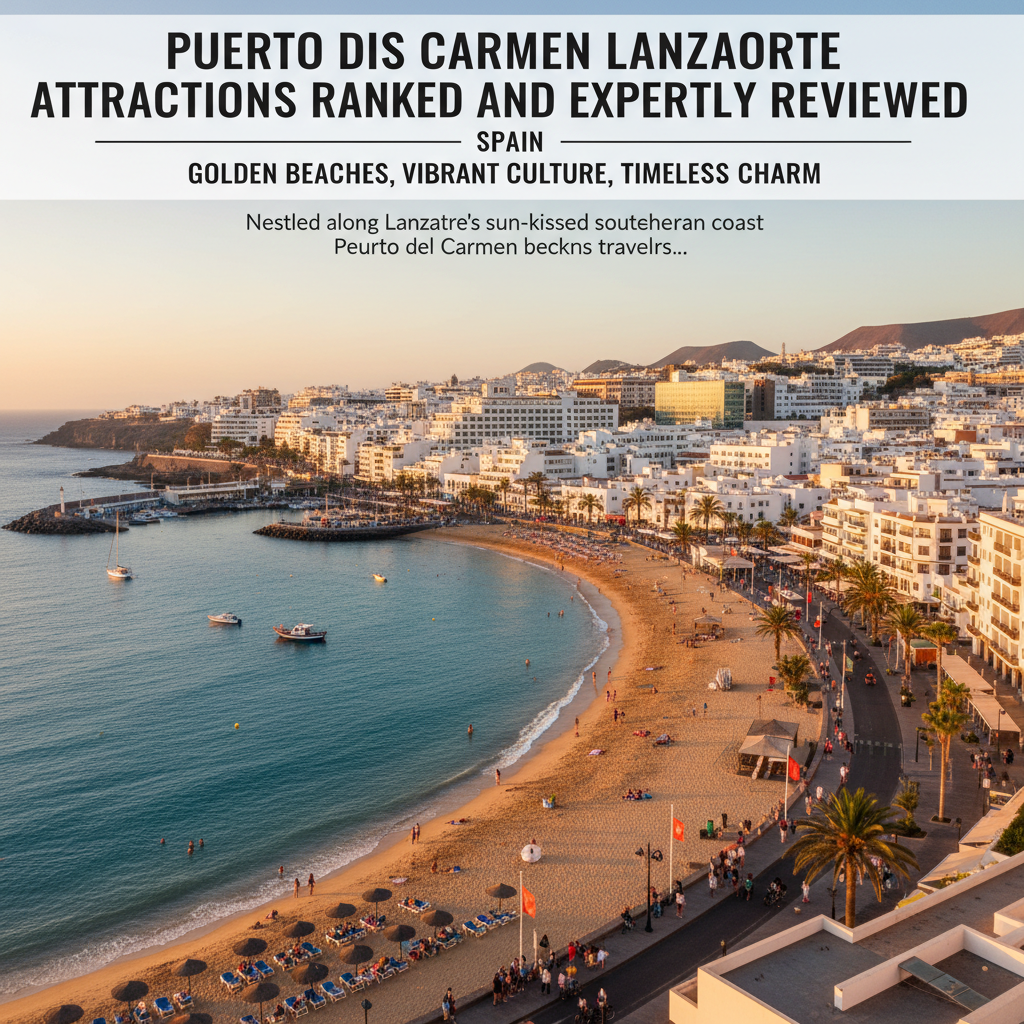 Aerial view of Puerto del Carmen beach with golden sands, palm trees, and vibrant buildings along the coast at sunset.