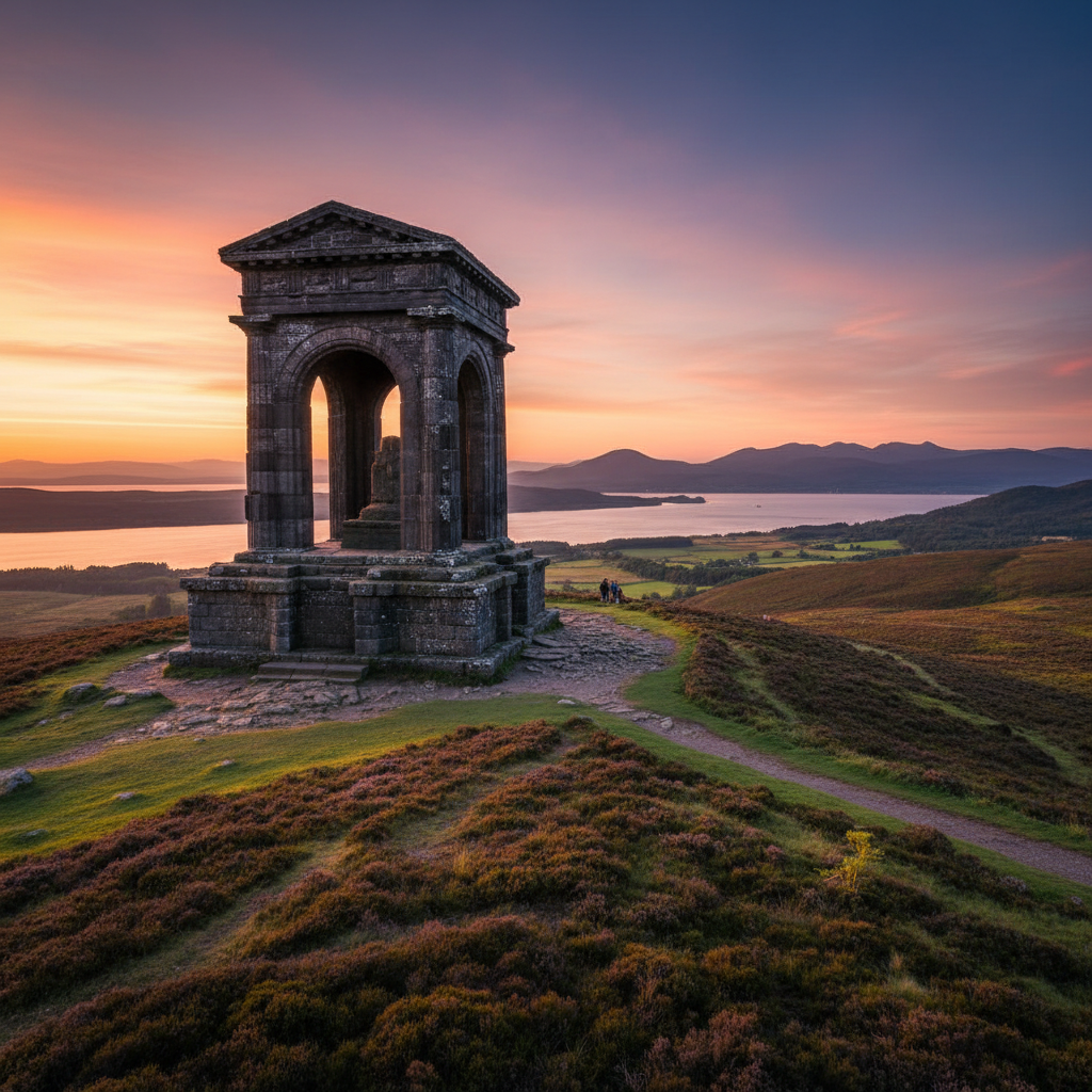 Fyrish Monument at sunset in Alness, surrounded by scenic hills and water views, showcasing stunning landscapes.
