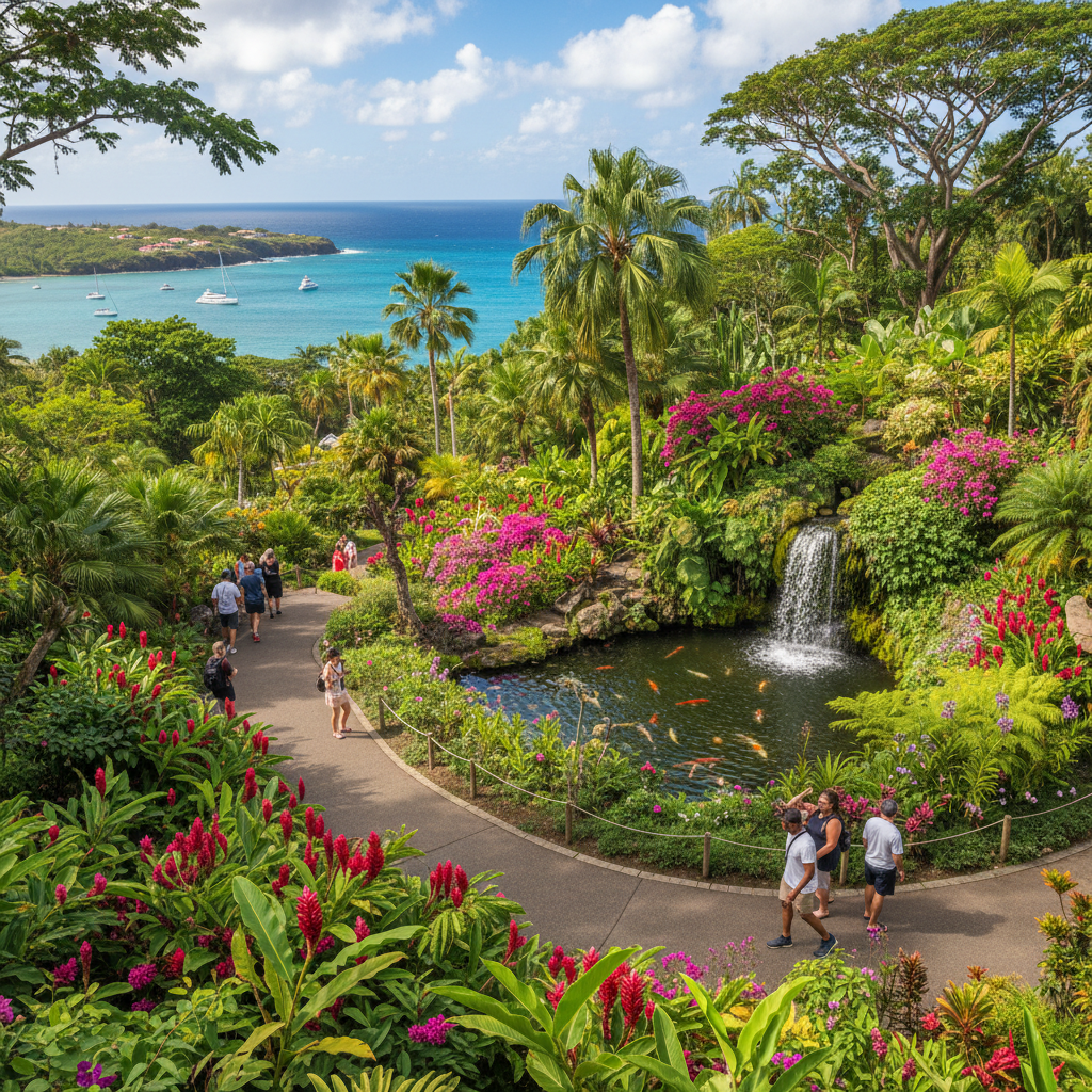 Lush botanical garden with vibrant flowers, a pond, a waterfall, and visitors enjoying the scenic coastal view.