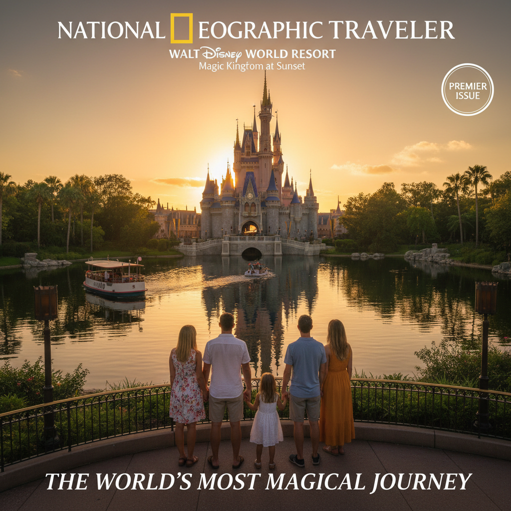 Family enjoying the sunset at Walt Disney World Resort's Magic Kingdom in Orlando, Florida.