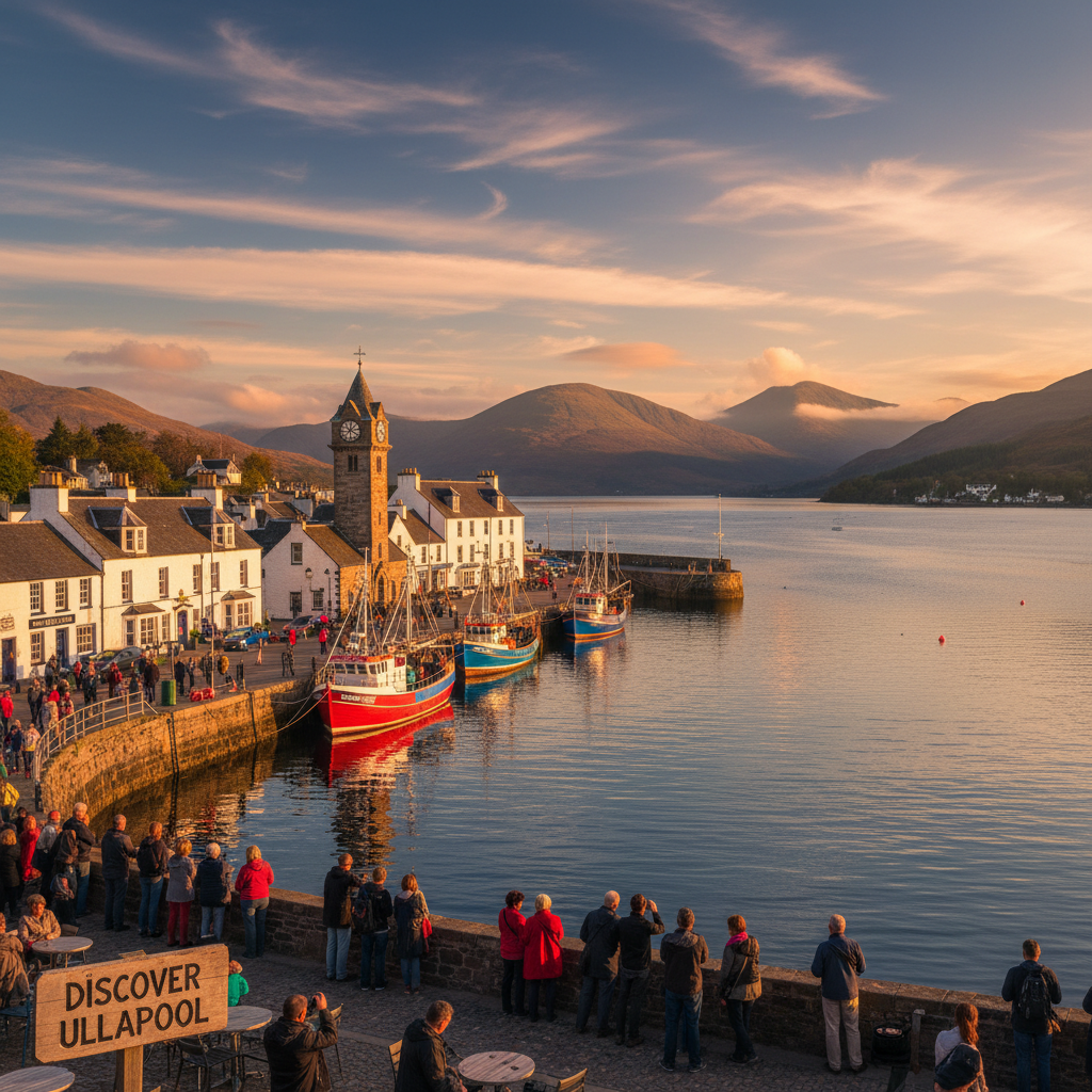 Scenic view of Ullapool harbor with boats and mountains.