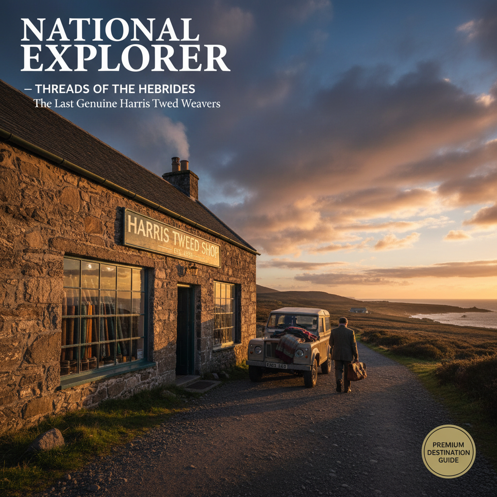 Harris Tweed Shop in Arnol, Isle of Lewis, showcasing traditional weaving at sunset.