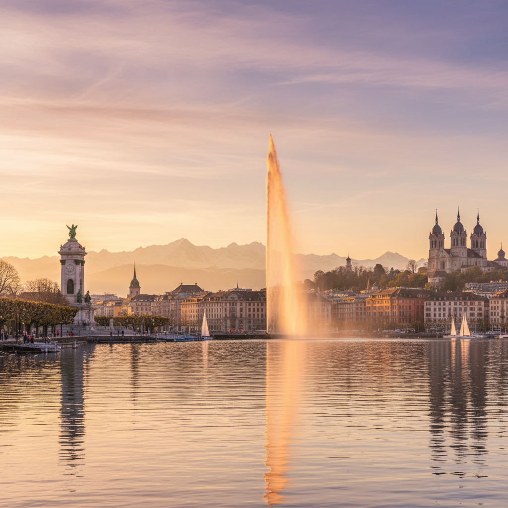 Stunning view of Lake Geneva with Jet d'Eau and city skyline