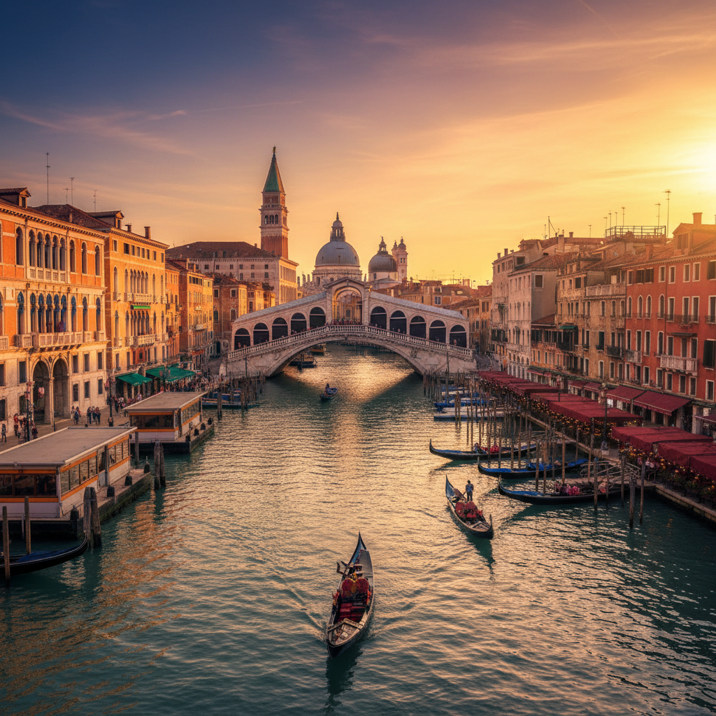 A scenic view of Venice's canals and historic architecture