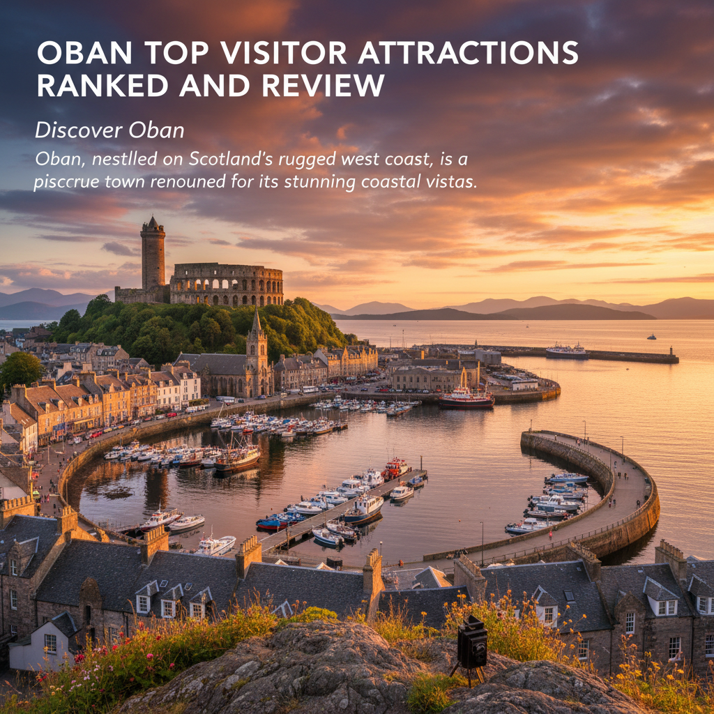 Stunning view of Oban harbor with attractions listed for travelers