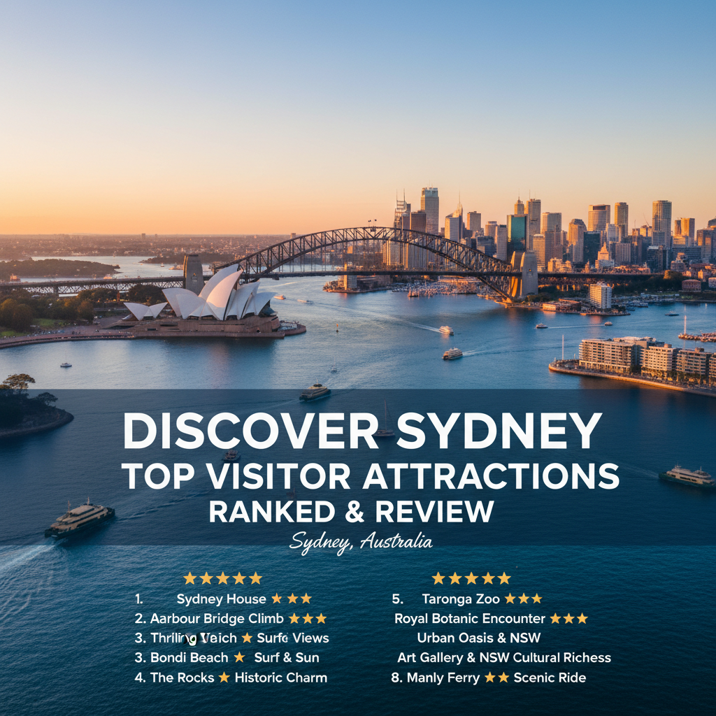 A stunning view of Sydney Opera House and Harbour Bridge at sunset