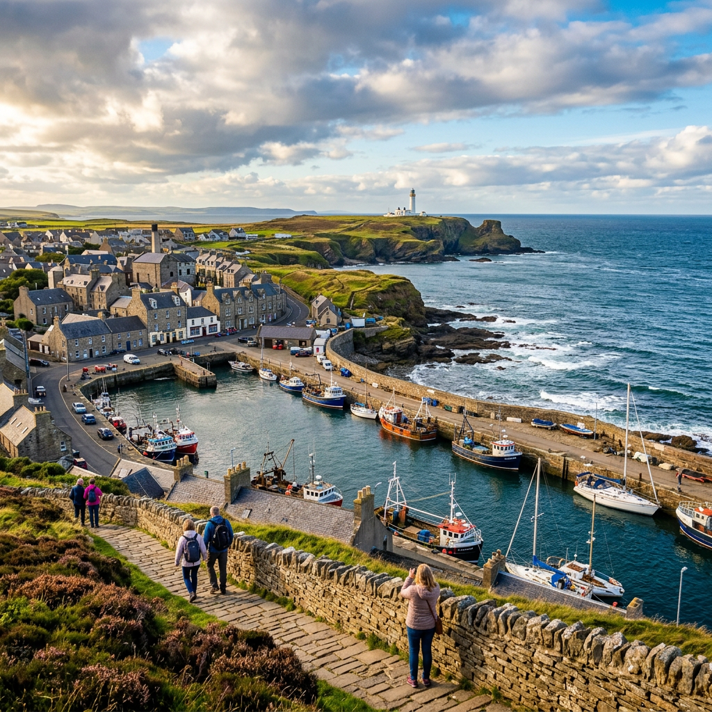 Stunning view of Wick's coastline and historic landmarks.