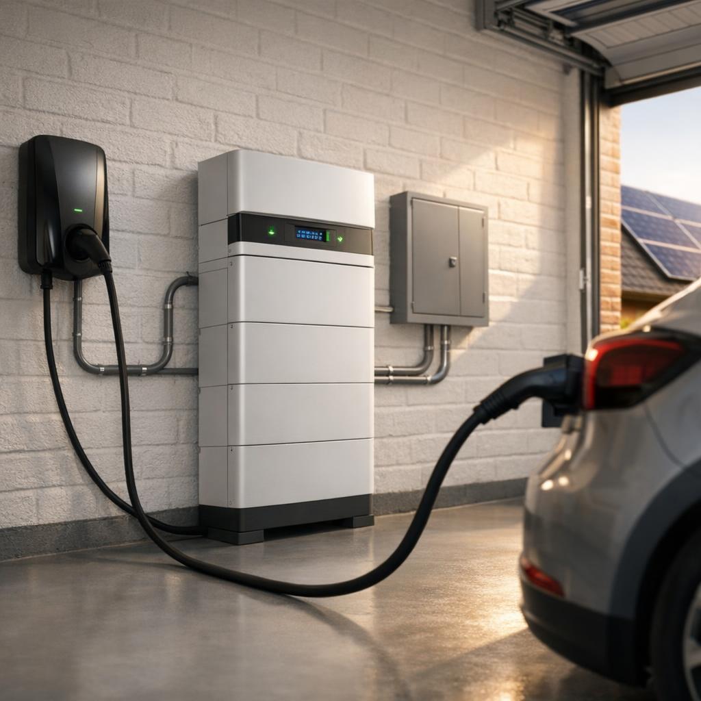 Thuisbatterij geïntegreerd met laadpaal in garage