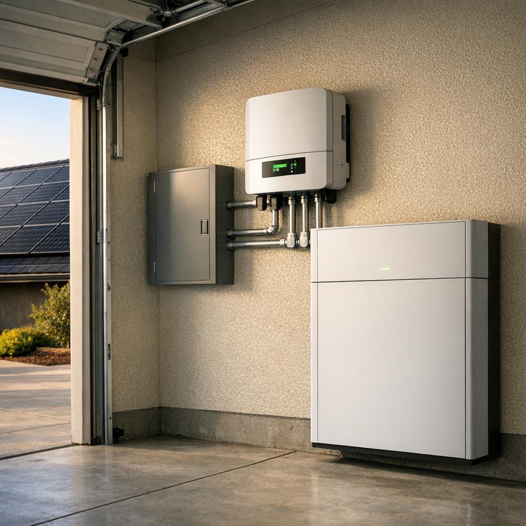 Thuisbatterij geïntegreerd met zonnepanelen in garage