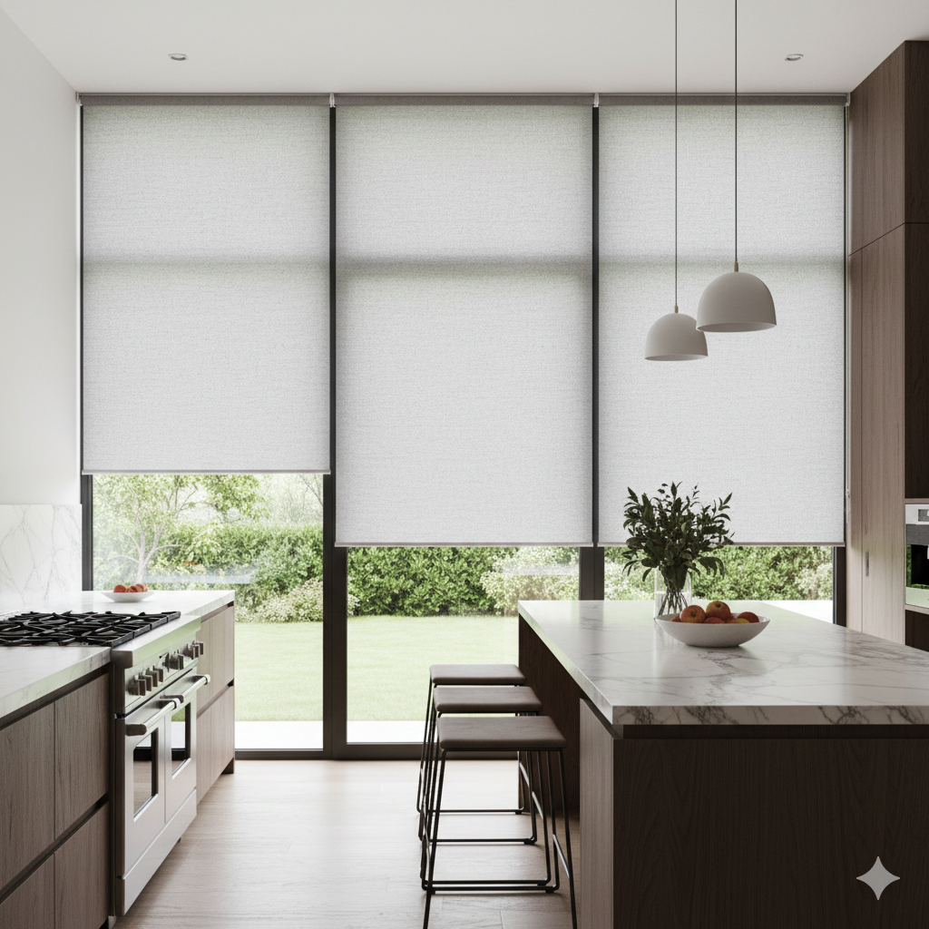 Sleek roller shades in contemporary kitchen with garden view