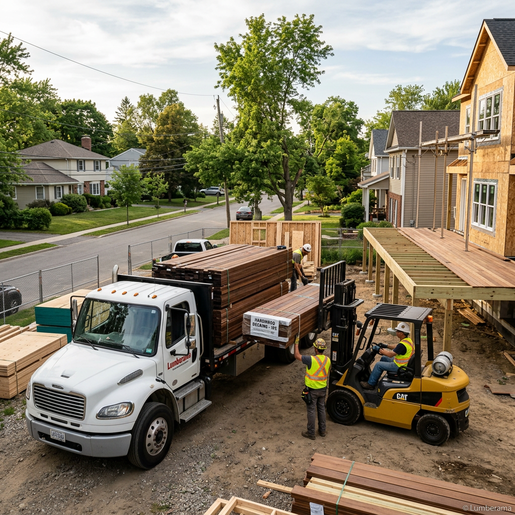 Lumber delivery arriving at construction site