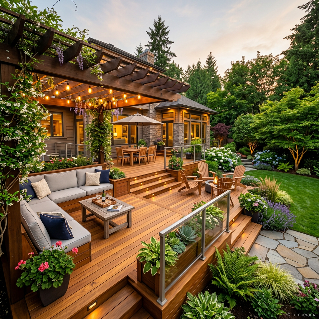 Stunning multi-level backyard deck with pergola and outdoor living space