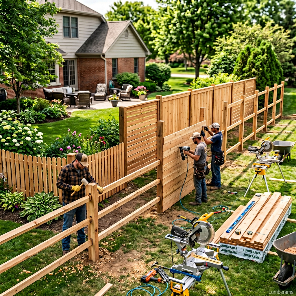 Wood fence construction showing multiple fence styles