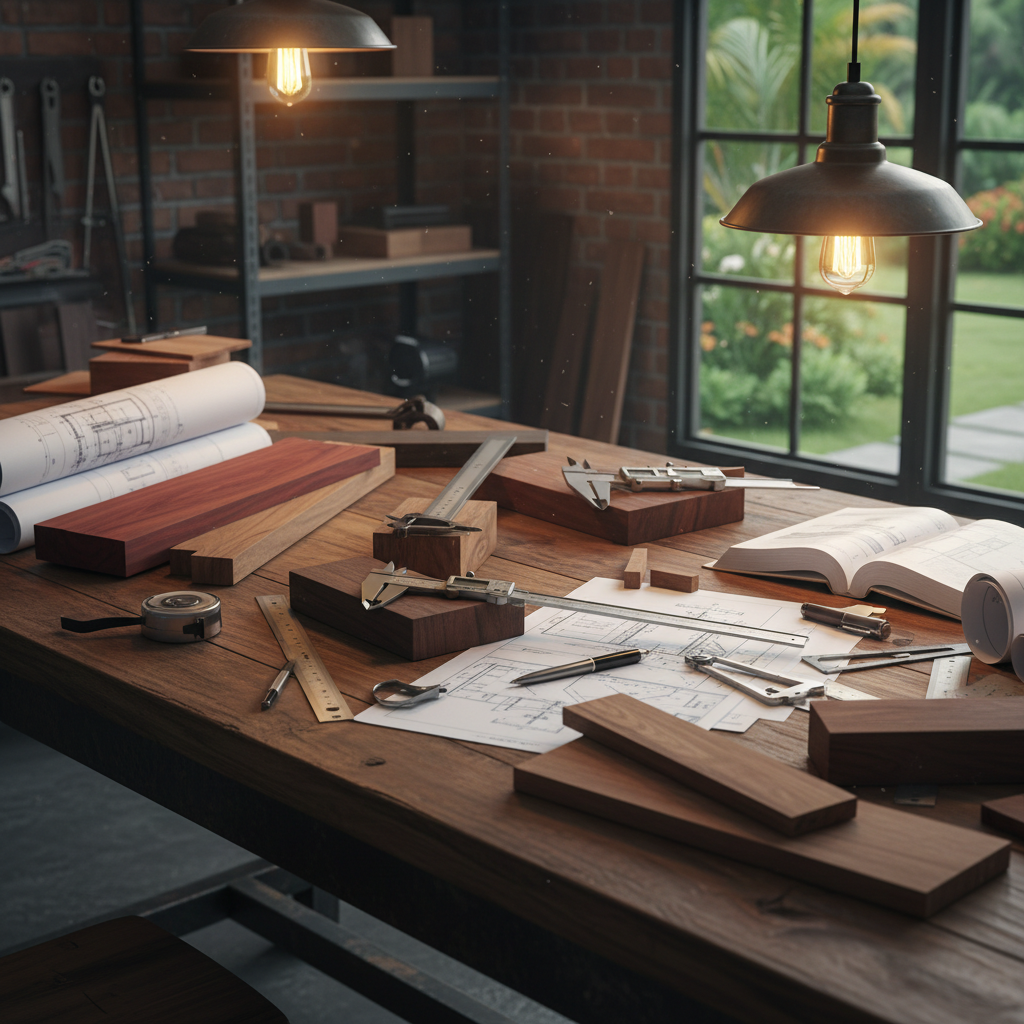 Engineering workspace with hardwood samples and technical documents