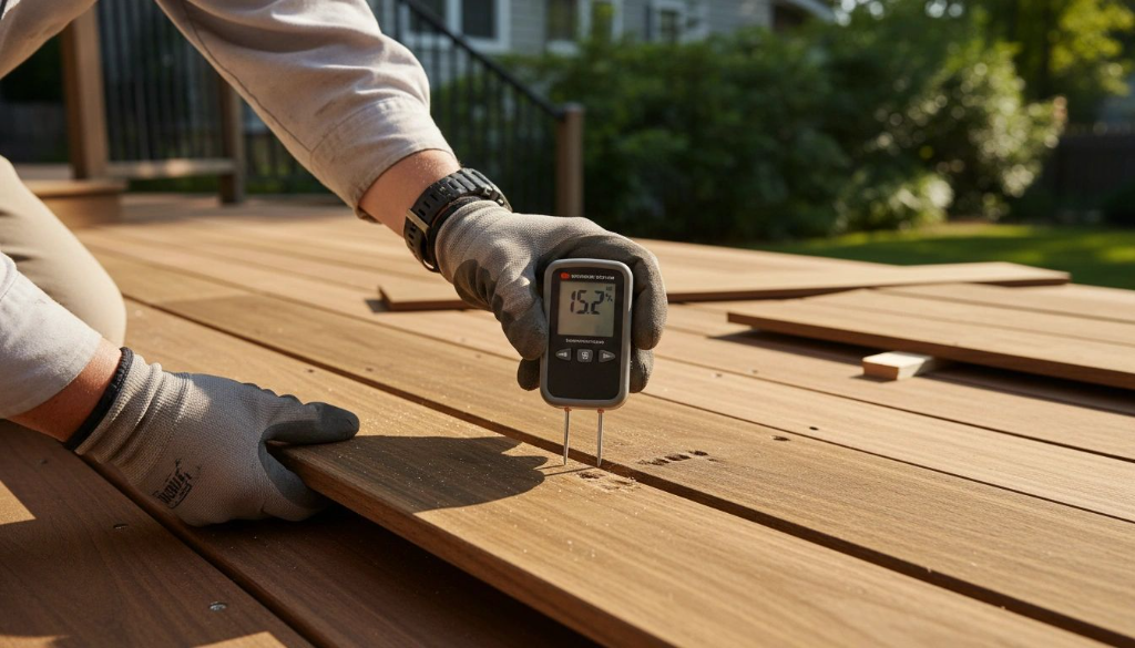 Testing moisture content on tropical hardwood deck