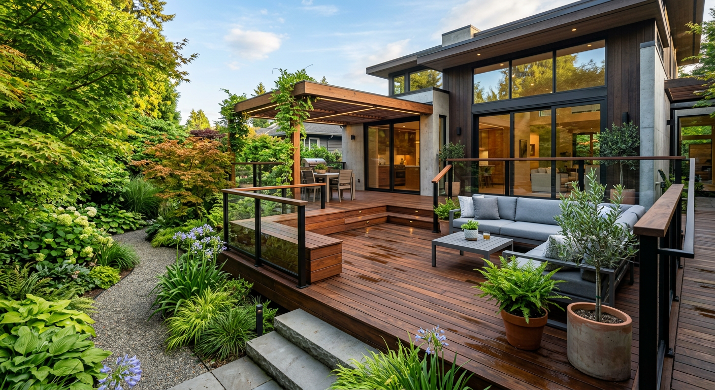 Modern outdoor wooden deck built with premium ipe hardwood
