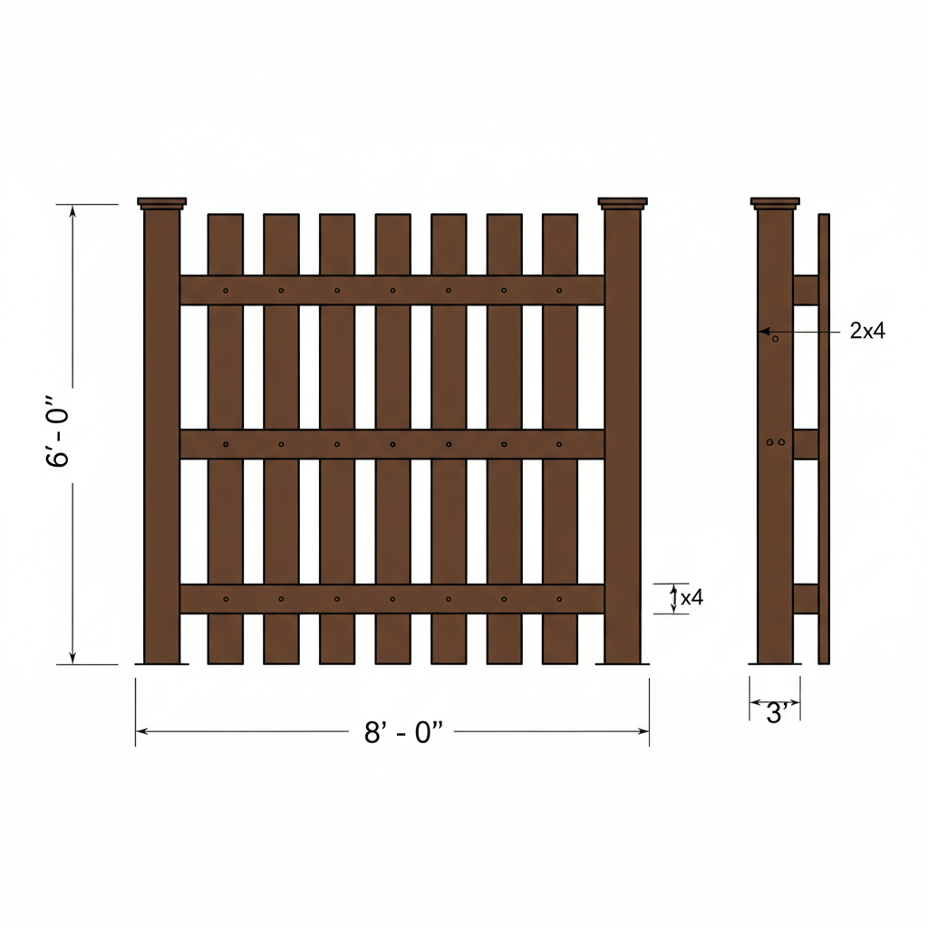 Vertical picket fence technical diagram showing posts, rails, and pickets with dimensions