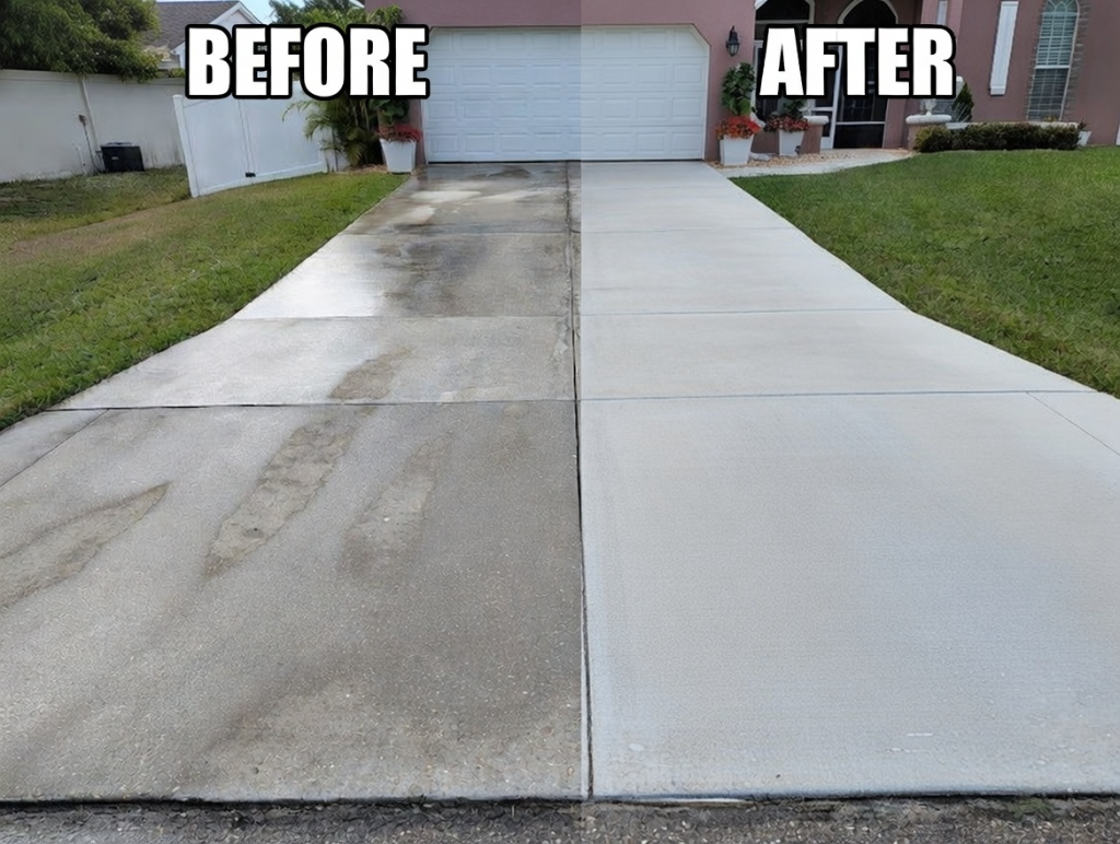 Before and after driveway cleaning - concrete driveway pressure washed in North Fort Myers FL