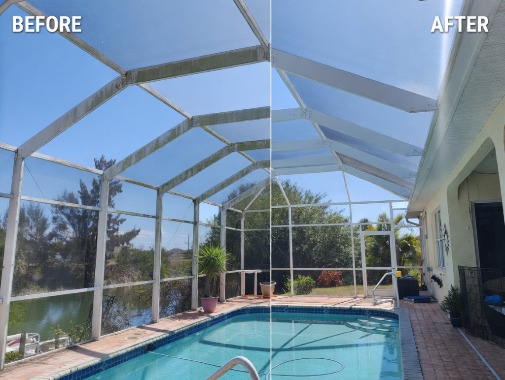 Before and after lanai cleaning in Fort Myers FL - Refresh Power Washing Inc