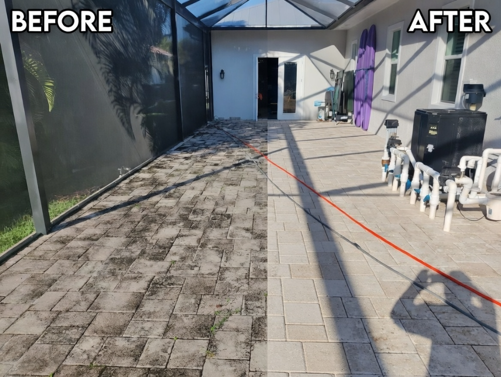 Pool deck cleaning before and after - paver pool deck pressure washed North Fort Myers FL
