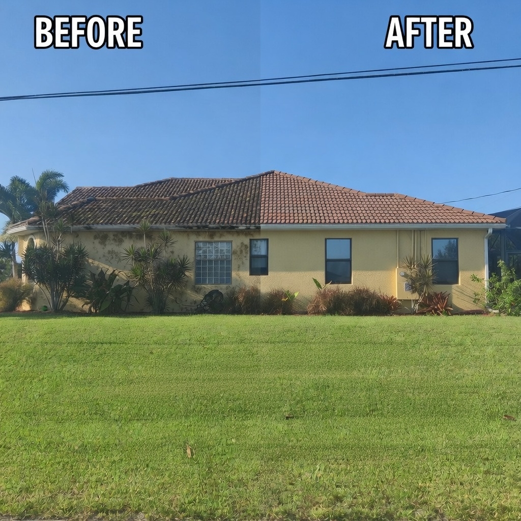 Before and after roof soft washing in Bonita Springs FL - Refresh Power Washing Inc