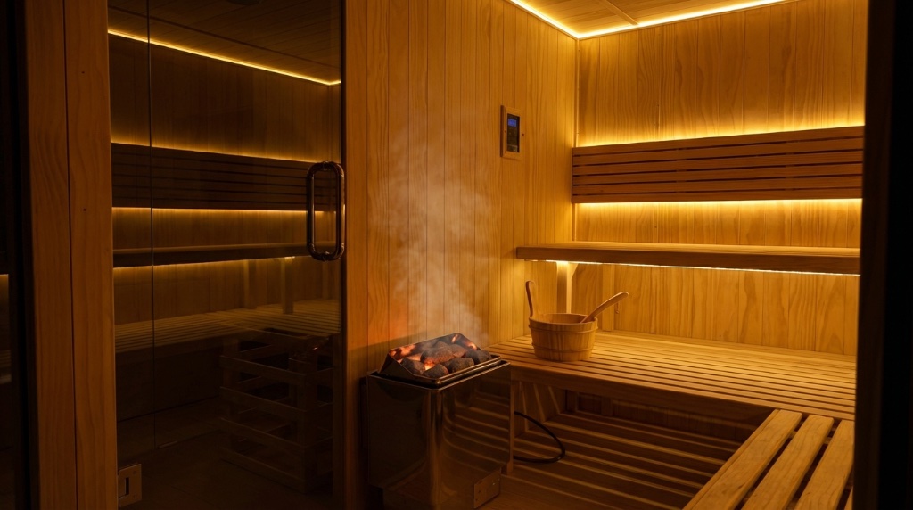 Warm sauna interior with benches