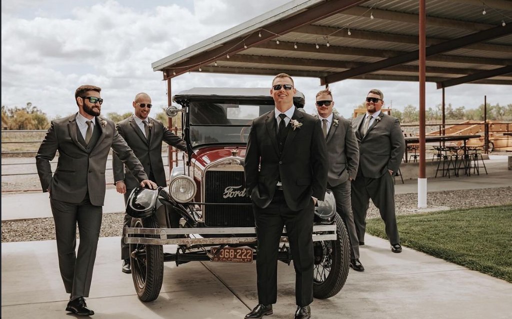Groomsmen with Vintage Car