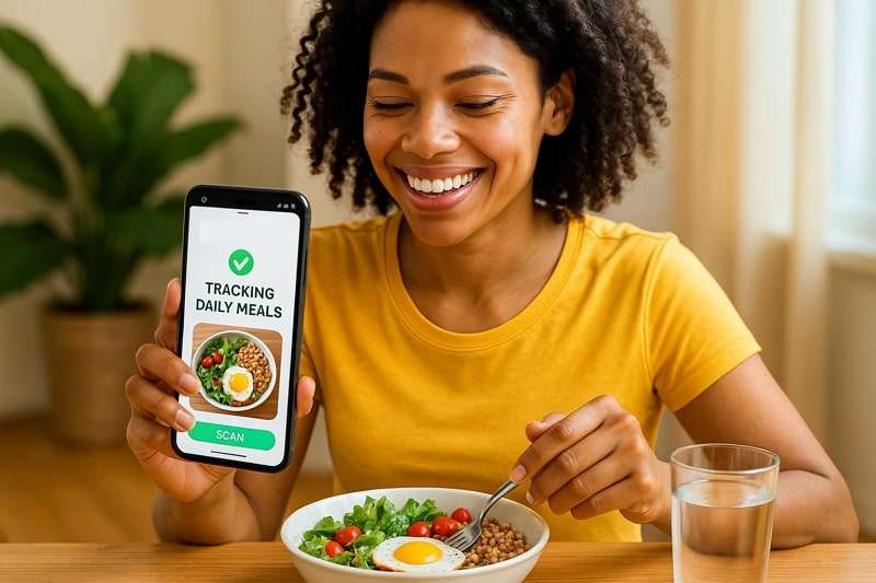 Woman using AI food scanner app to track calories and nutrition in her meal