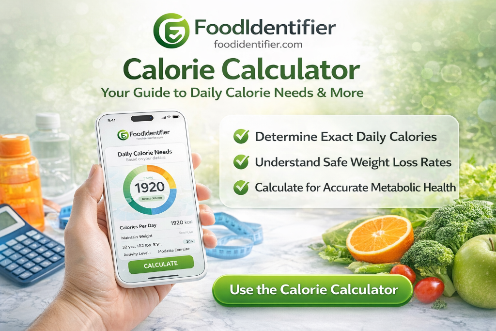 Phone screen showing free calorie calculator with food macros and daily total