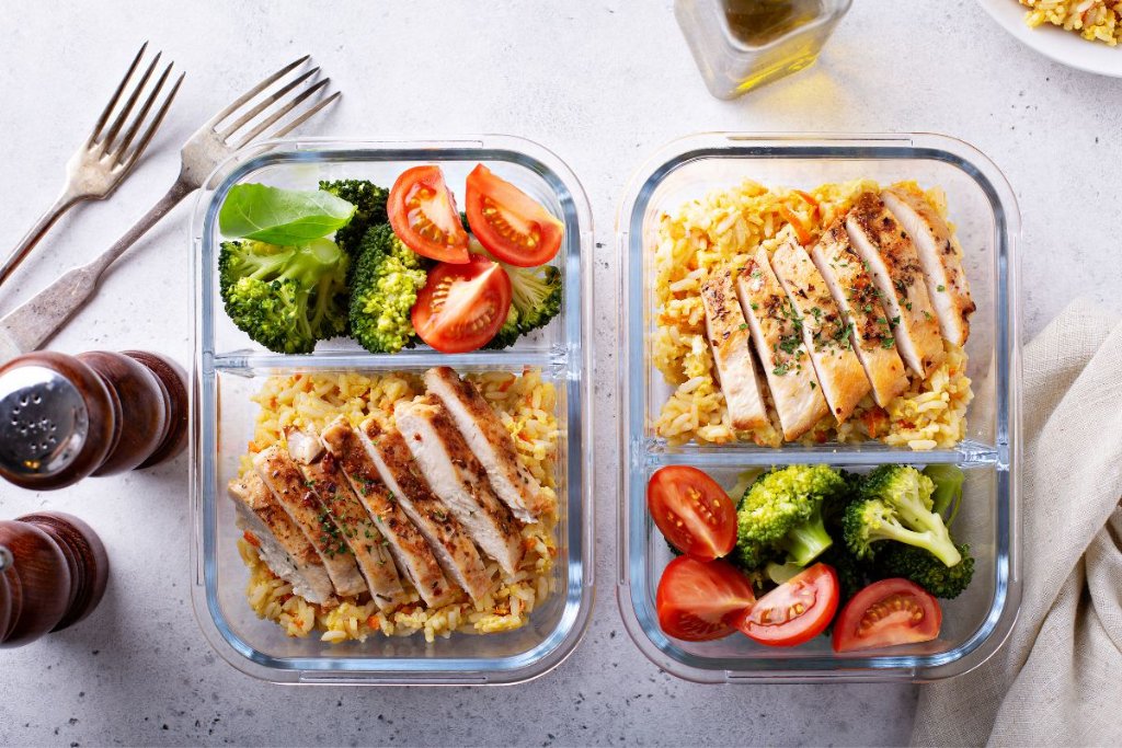 Meal prep containers grilled chicken broccoli rice Ozempic semaglutide diet plan