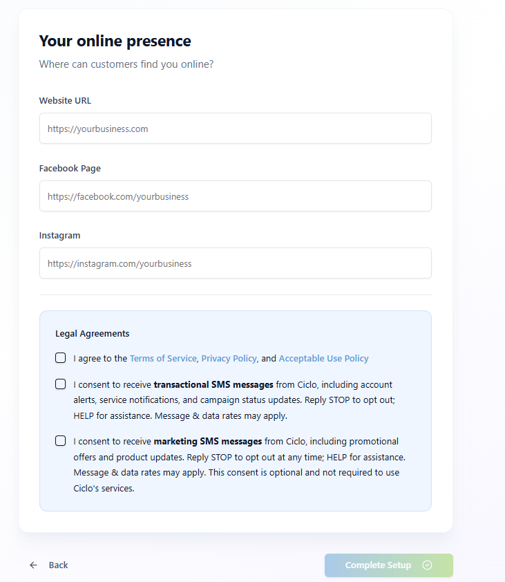 Legal Agreements - Step 3 showing consent checkboxes
