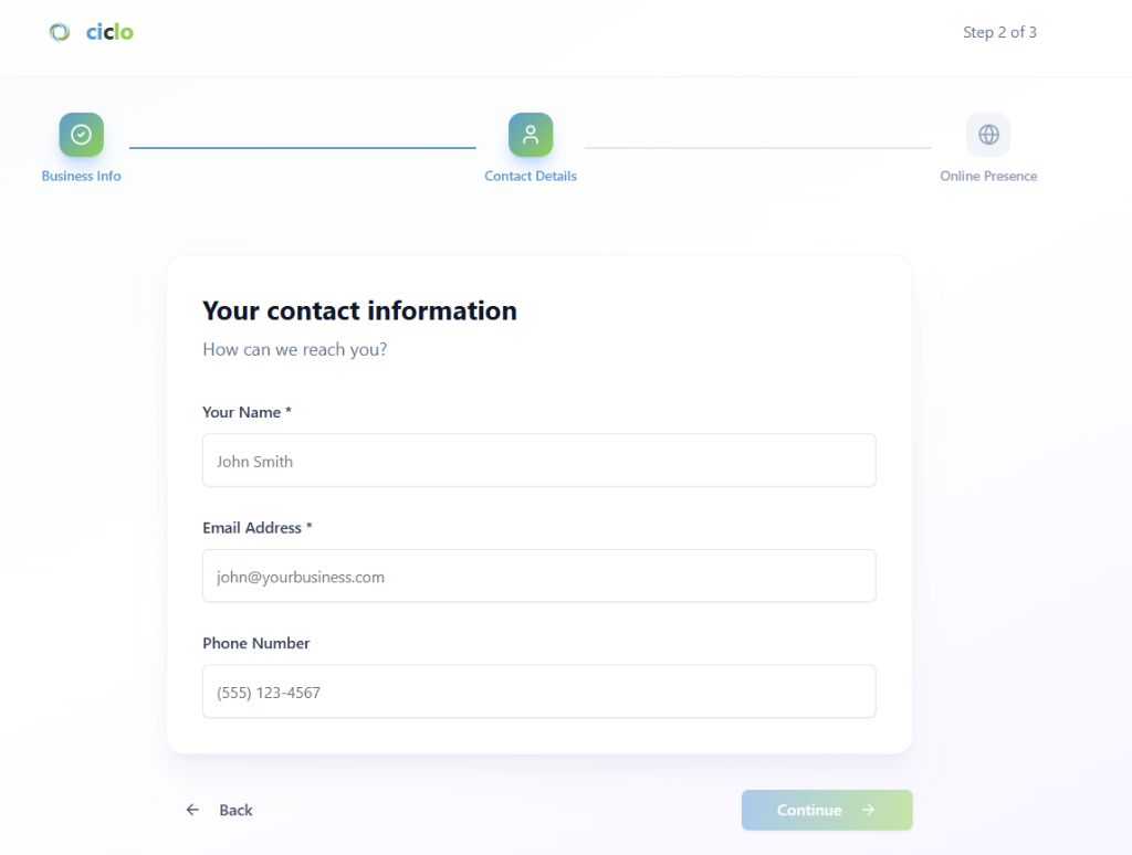Contact Details Screen - Step 2 of onboarding showing name, email, and phone number fields