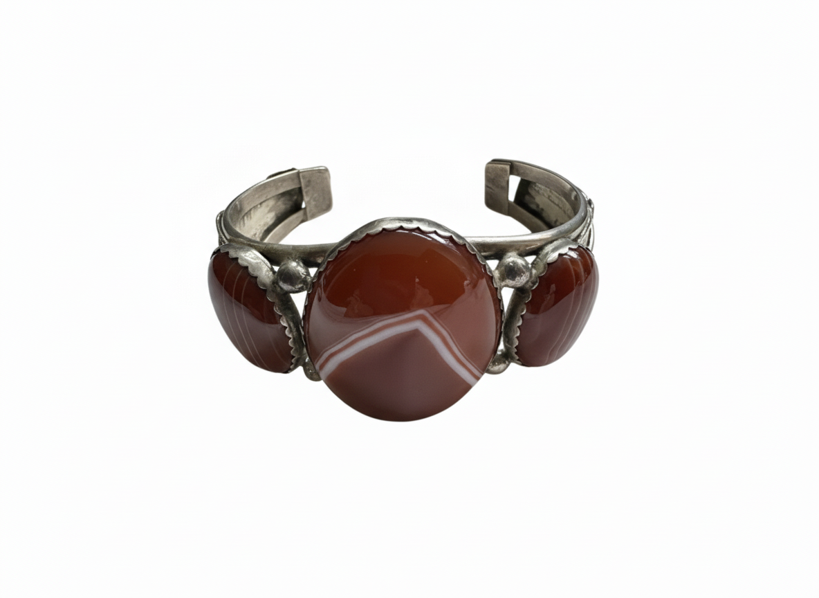 Handcrafted Native American Sterling Silver Silver and Red Agate Cuff Bracelet